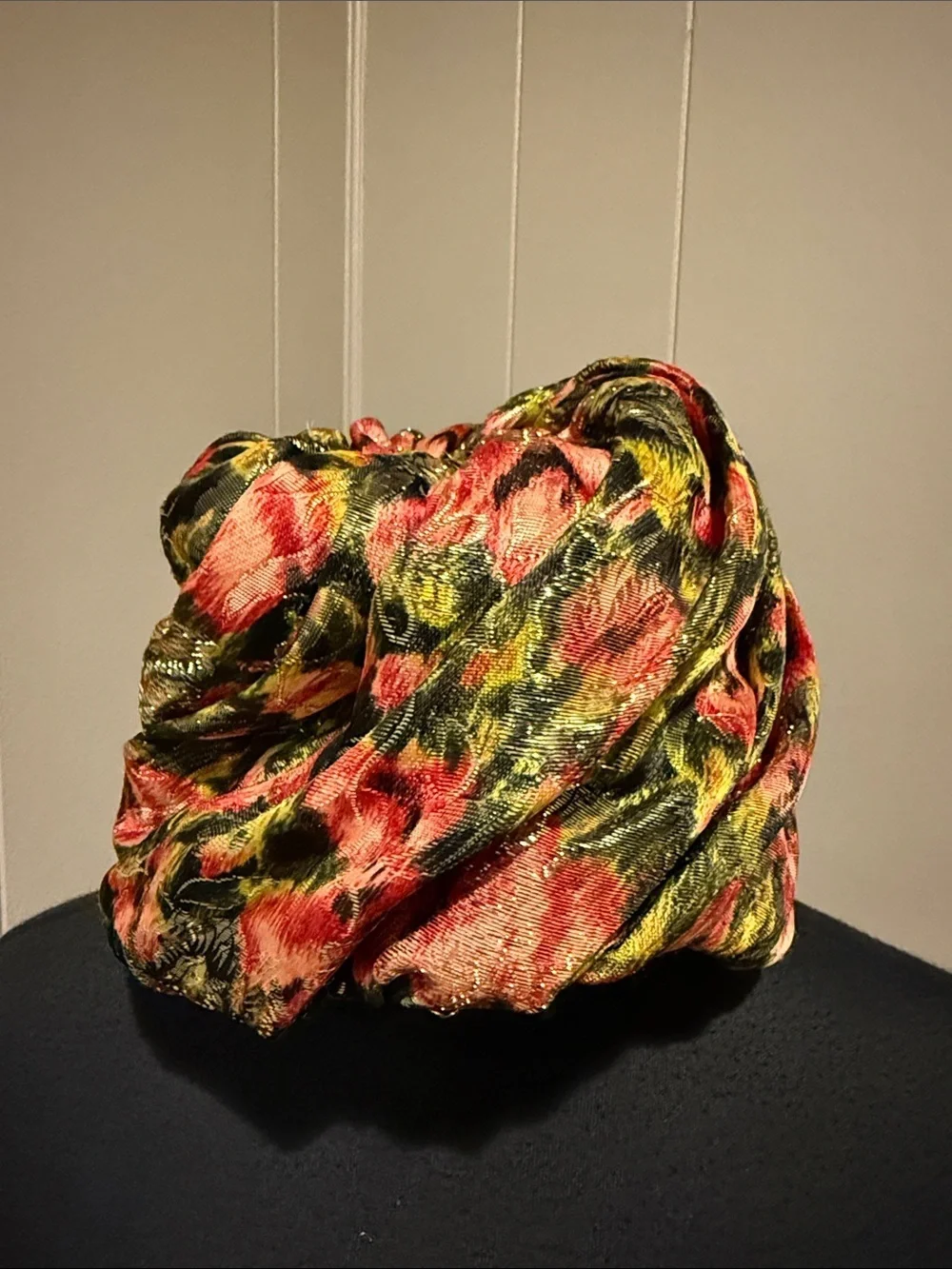 Women’s Vintage Floral Velvet Turban Headband in Pink and Green